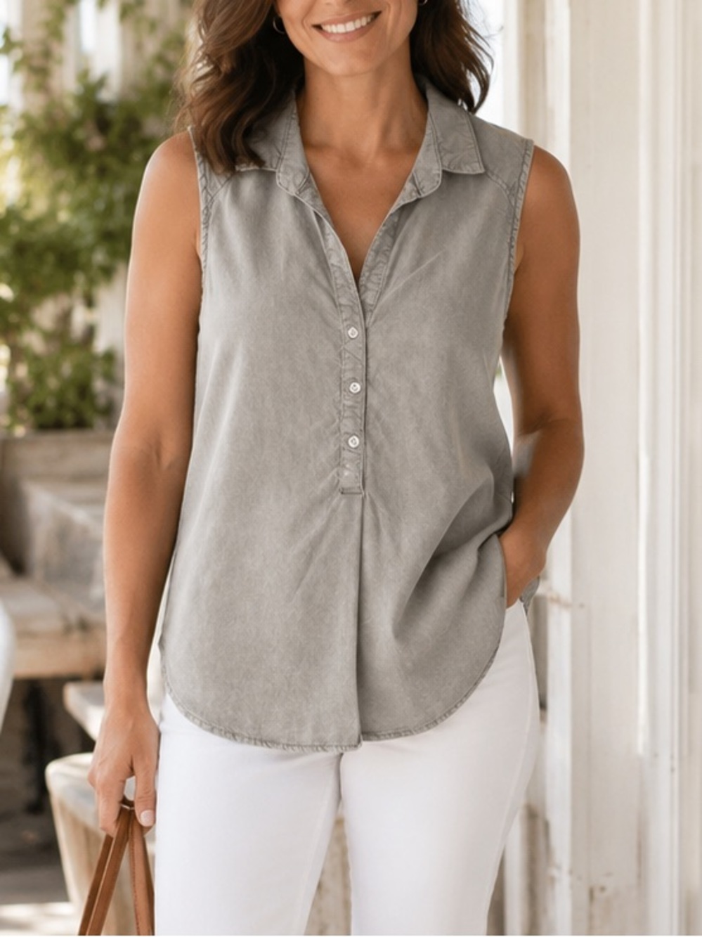 Cloth & Stone M Tencel Sleeveless Popover Tunic Top Gray Coastal